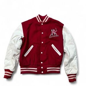 Vintage Rutgers university wool blend varsity jacket leather sleeves red M mens
